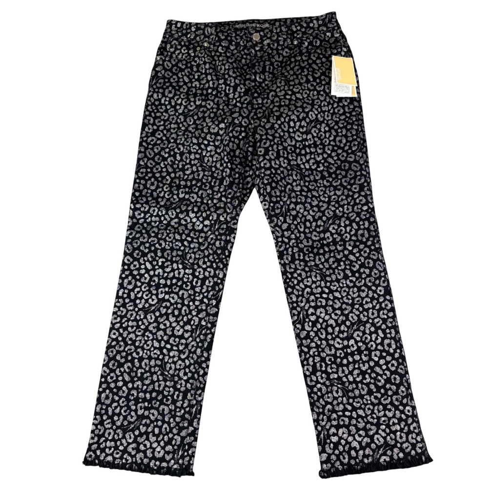 Michael Kors 8 Black Silver Leopard Print Straight Leg Jeans‎ Raw Hem Glam NWT